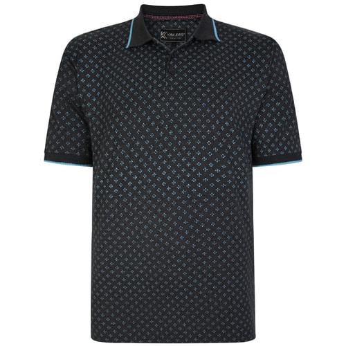 KAM Dobby Print Polo Shirt With Jacquard Tipped Collar Indigo